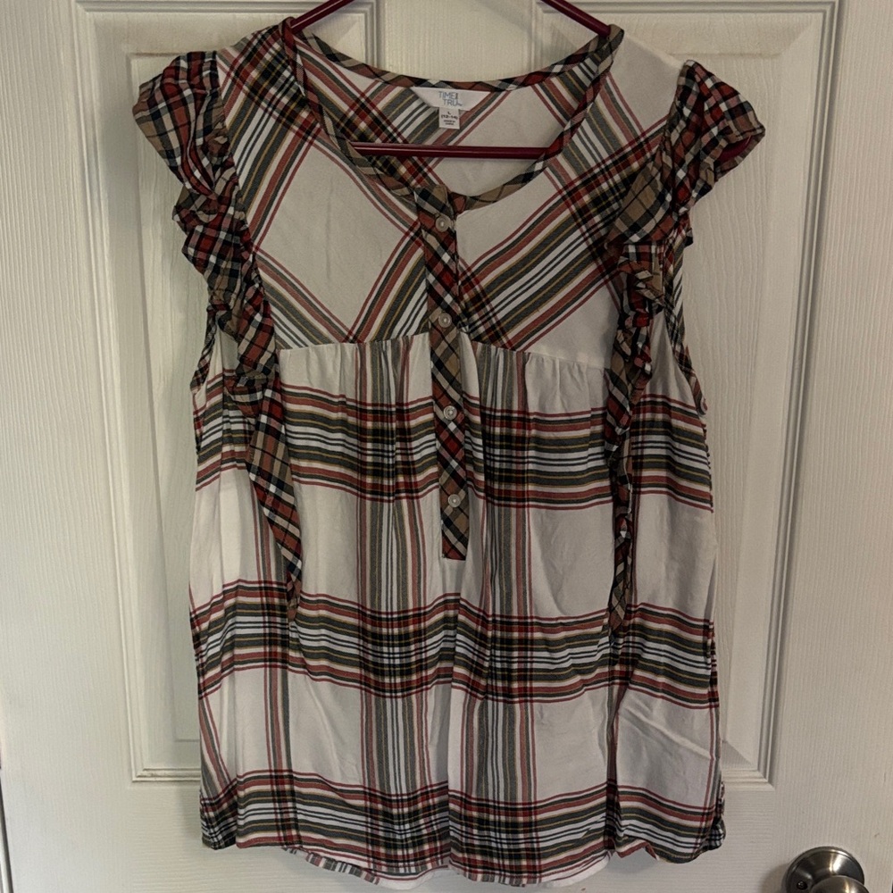 Time and Tru Multicolor Plaid Ruffle Blouse